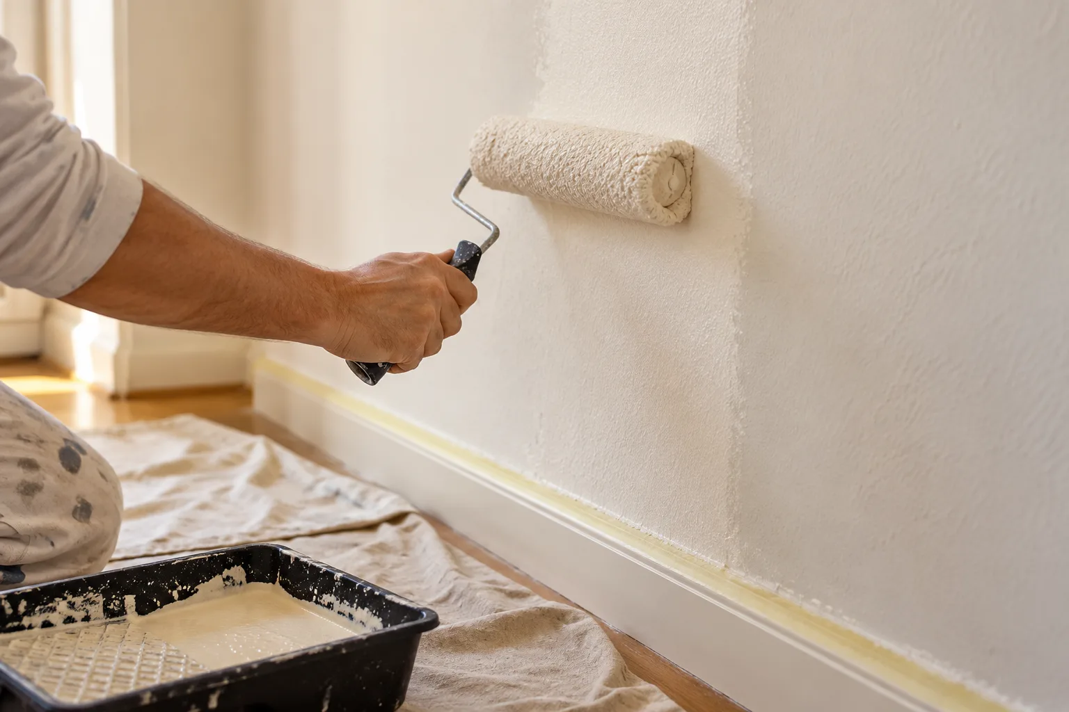 Painting an interior wall with a roller and protected flooring · illustrative image